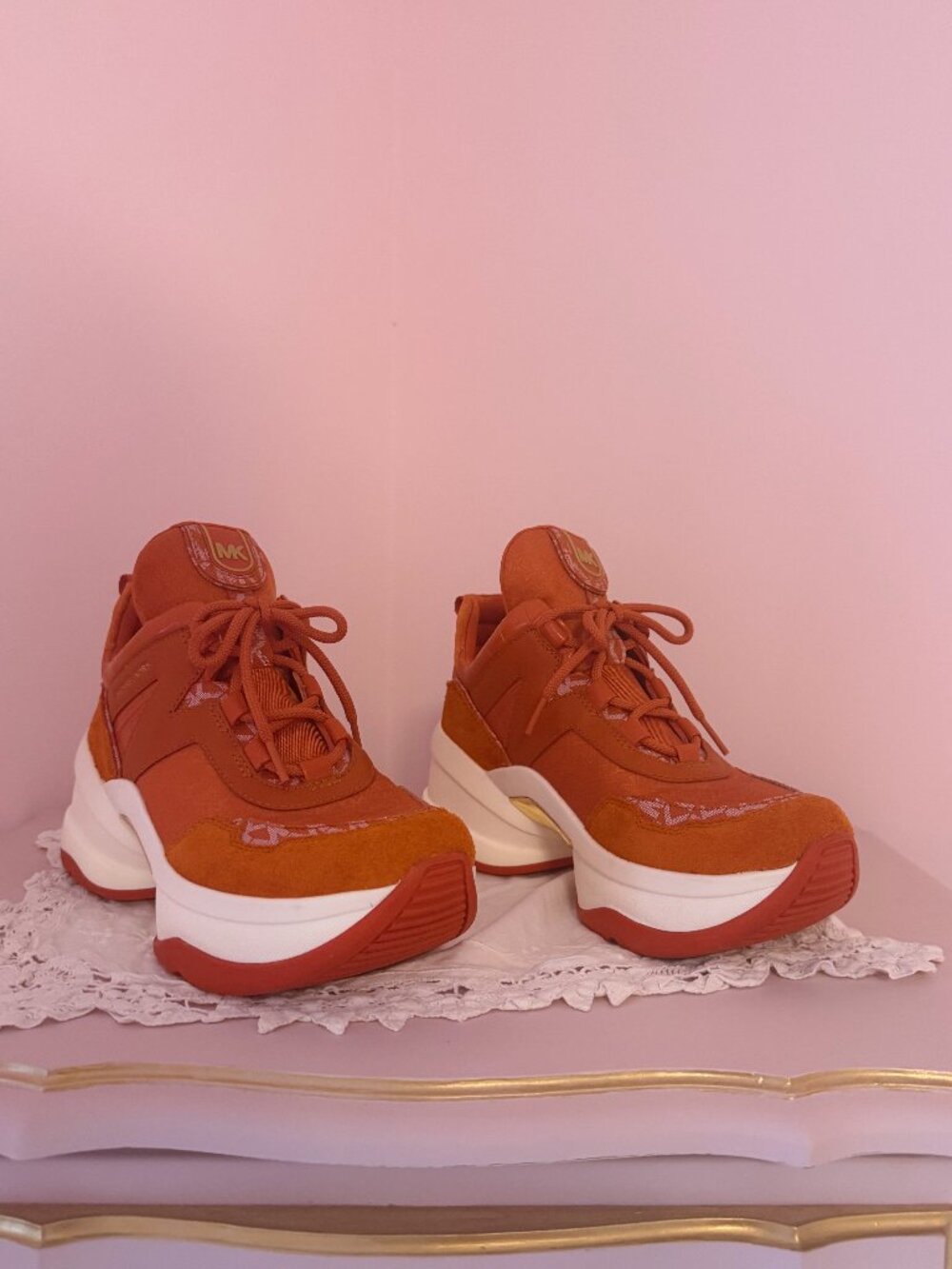 Michael Kors Olympia Logo Orange Jacquard Crocodile Embossed Leather Trainer - Picture 3 of 7